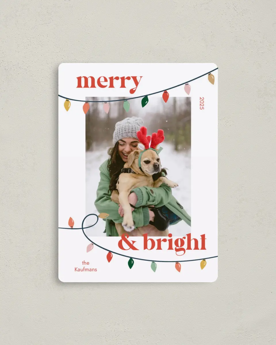 This is a 4" x 5½" Christmas Card called Bright Lights printed in full color with a Luxe Satin finish