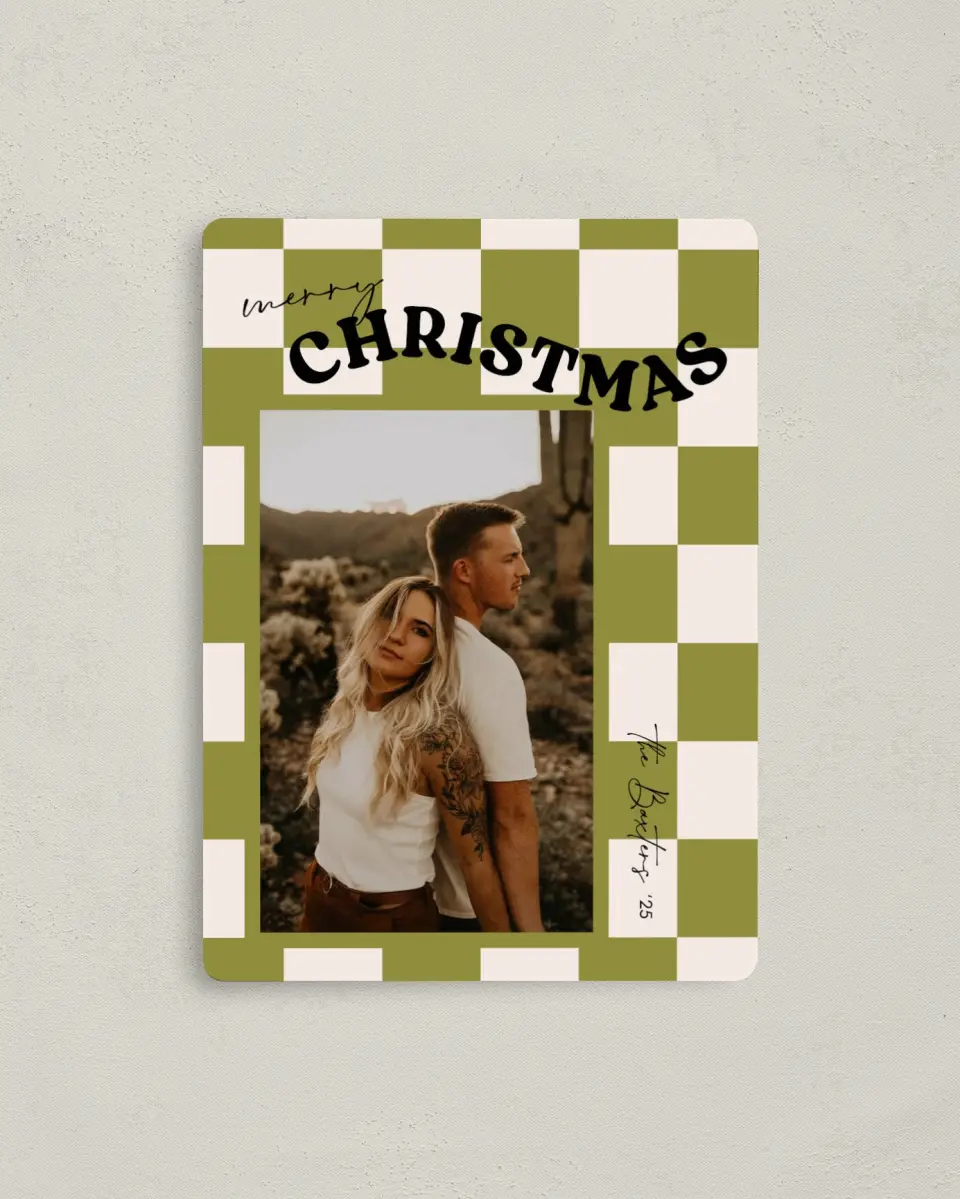 This is a 4" x 5½" Christmas Card called Cheerful Check printed in full color with a Luxe Satin finish