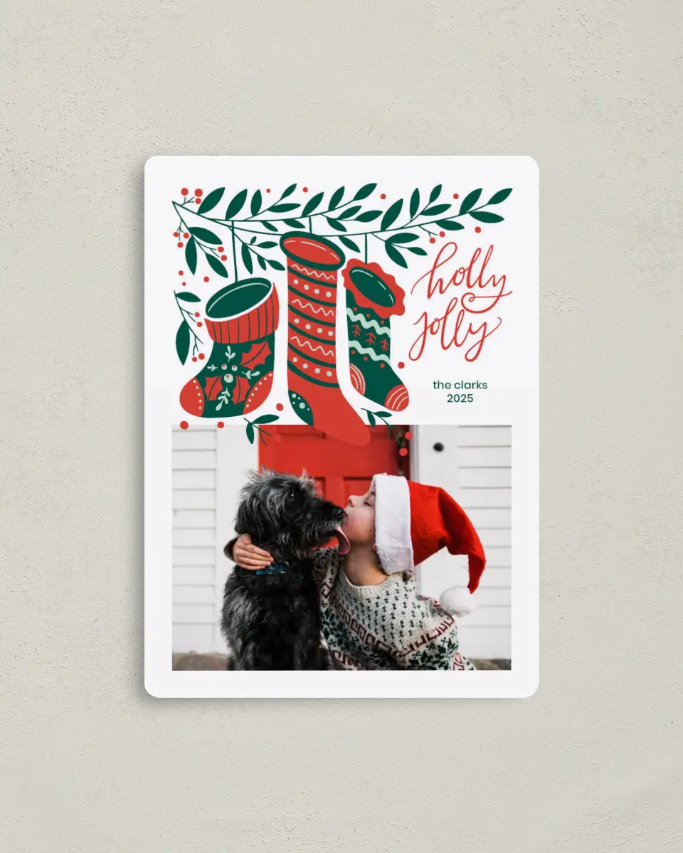 This is a 4" x 5½" Christmas Card called Jolly Stockings printed in full color with a Luxe Satin finish