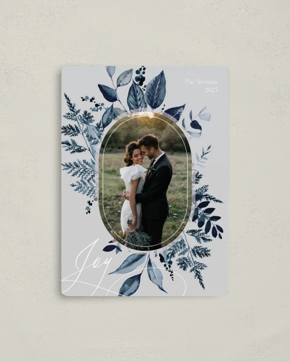 This is a 4" x 5½" Christmas Card called Blue Botanics printed in full color with a Luxe Satin finish