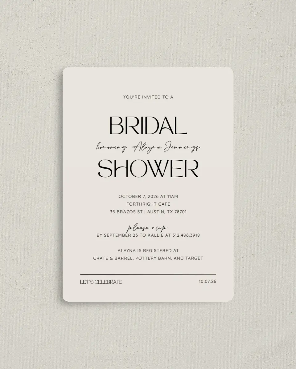 This is a 4" x 5½" Bridal Shower Invitation Magnet called Honored Bride printed in full color with a Luxe Satin finish
