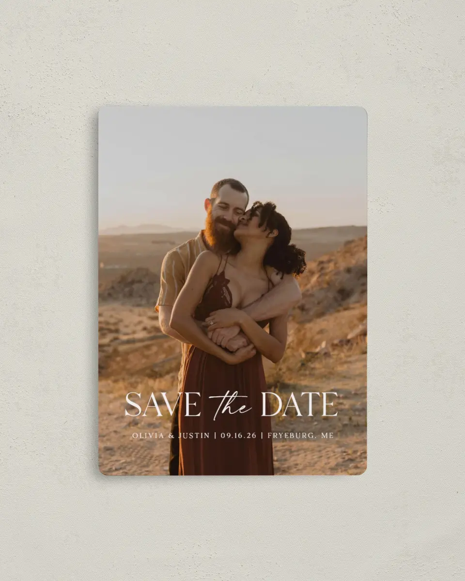 This is a 4" x 5½" Save the Date Magnet called The Olivia printed in full color with a Luxe Satin finish