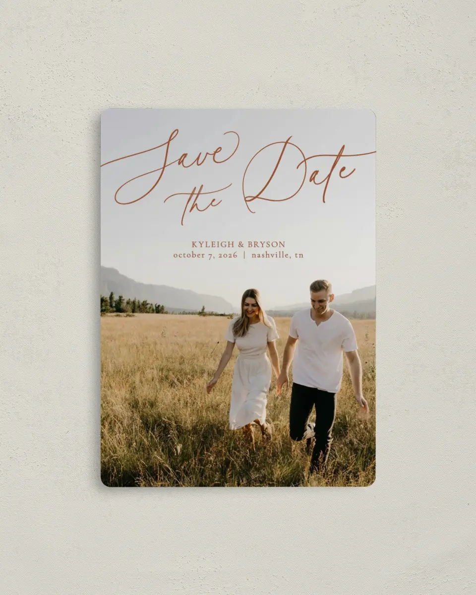 This is a 4" x 5½" Save the Date Magnet called The Kyleigh printed in full color with a Luxe Satin finish