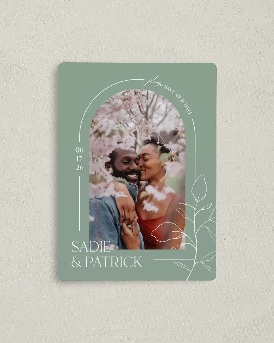 This is a 4" x 5½" Save the Date Magnet called The Sadie printed in full color with a Luxe Satin finish