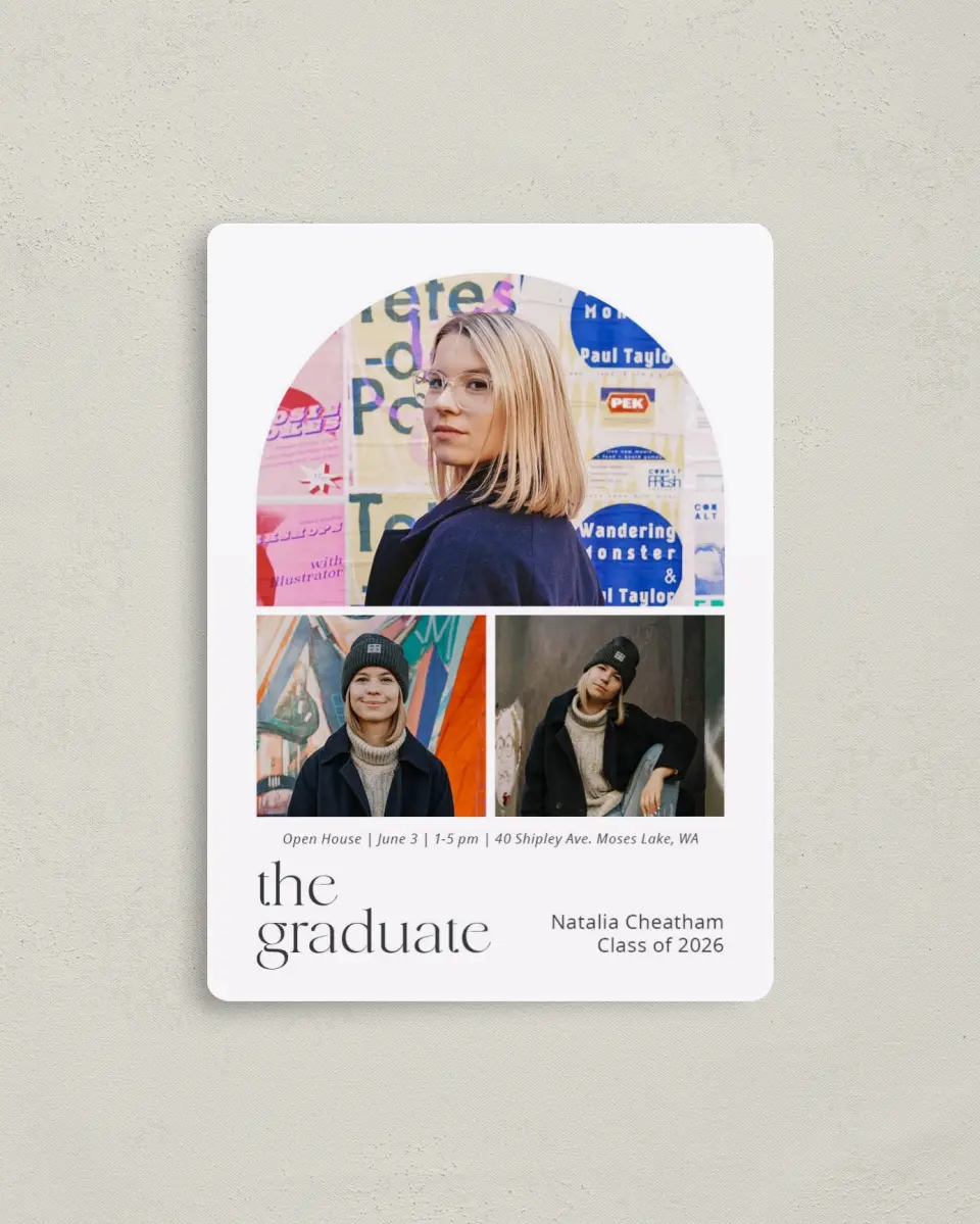 This is a 4" x 5½" Graduation Announcement Magnet called The Graduate printed in full color with Gold foil and a Luxe Satin finish