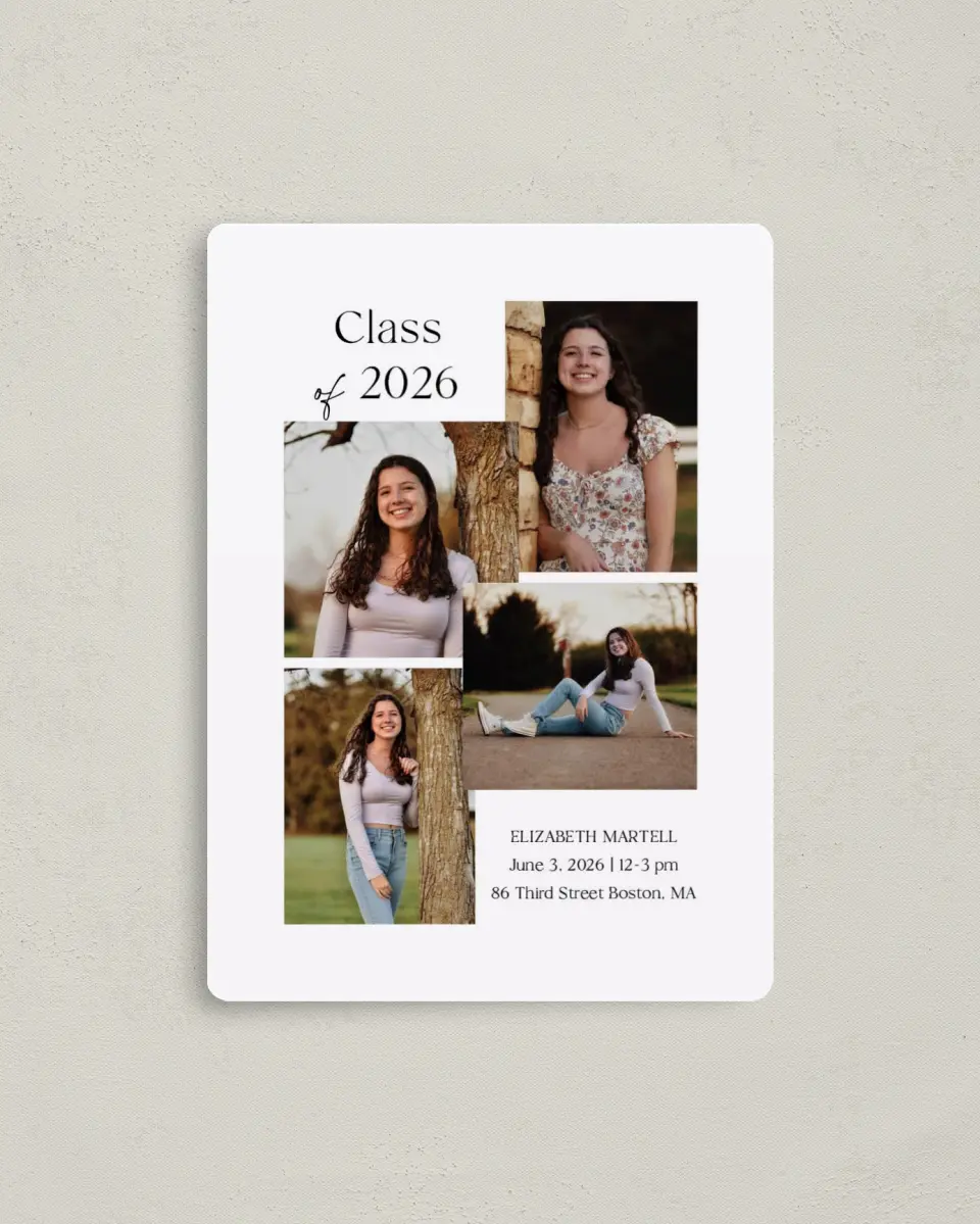 This is a 4" x 5½" Graduation Announcement Magnet called Stacked Statement printed in full color with a Luxe Satin finish