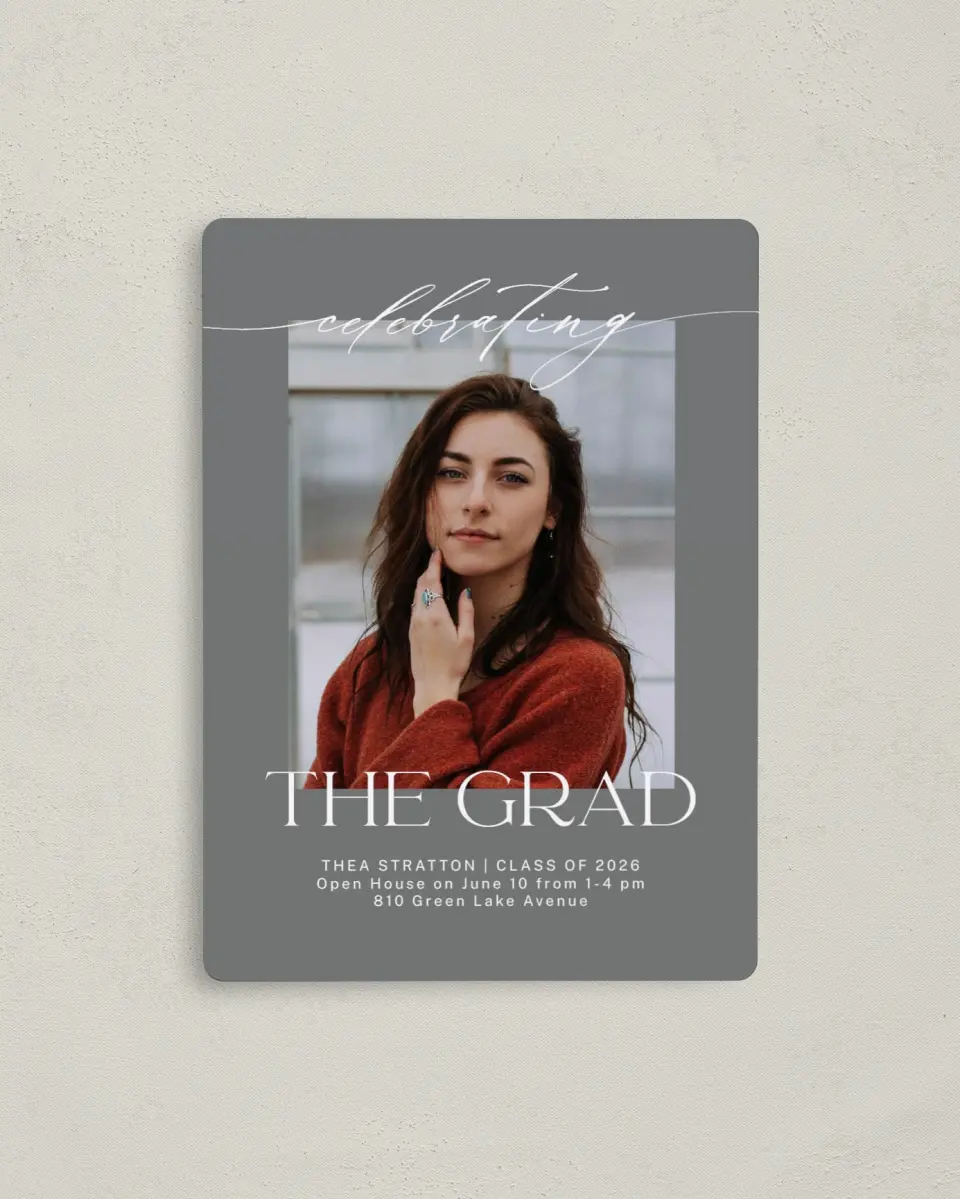 This is a 4" x 5½" Graduation Announcement Magnet called Cool Celebration printed in full color with a Luxe Satin finish