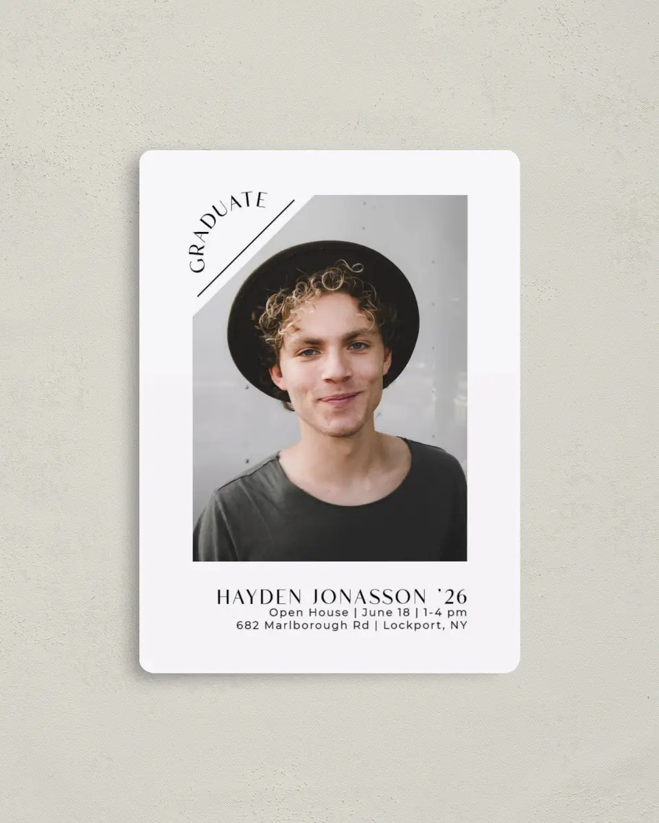 This is a 4" x 5½" Graduation Announcement Magnet called Slice of Success printed in full color with a Luxe Satin finish