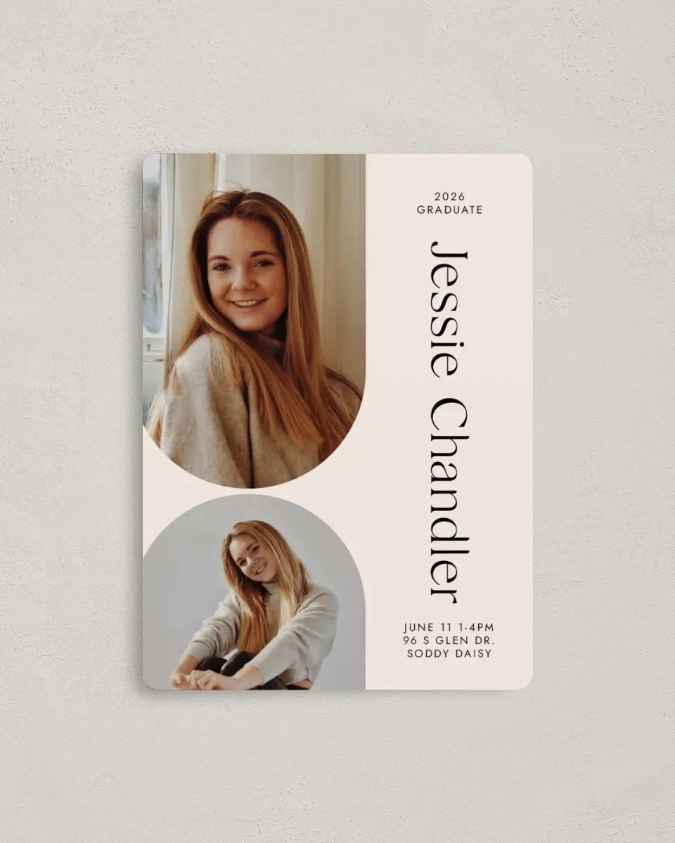 This is a 4" x 5½" Graduation Announcement Magnet called Dynamic Duo printed in full color with a Luxe Satin finish