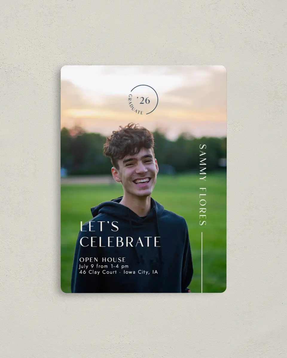 This is a 4" x 5½" Graduation Announcement Magnet called Bold Badge printed in full color with a Luxe Satin finish