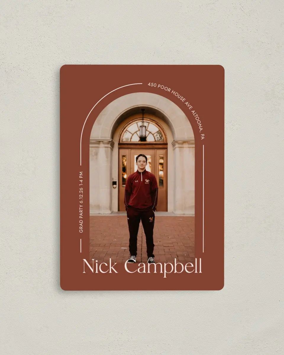 This is a 4" x 5½" Graduation Announcement Magnet called Victory Lap printed in full color with a Luxe Satin finish