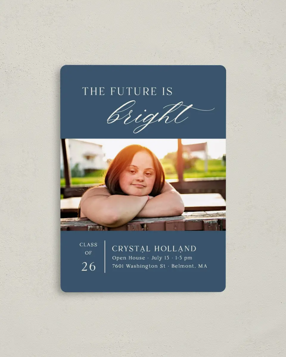 This is a 4" x 5½" Graduation Announcement Magnet called Bright Beginnings printed in full color with a Luxe Satin finish