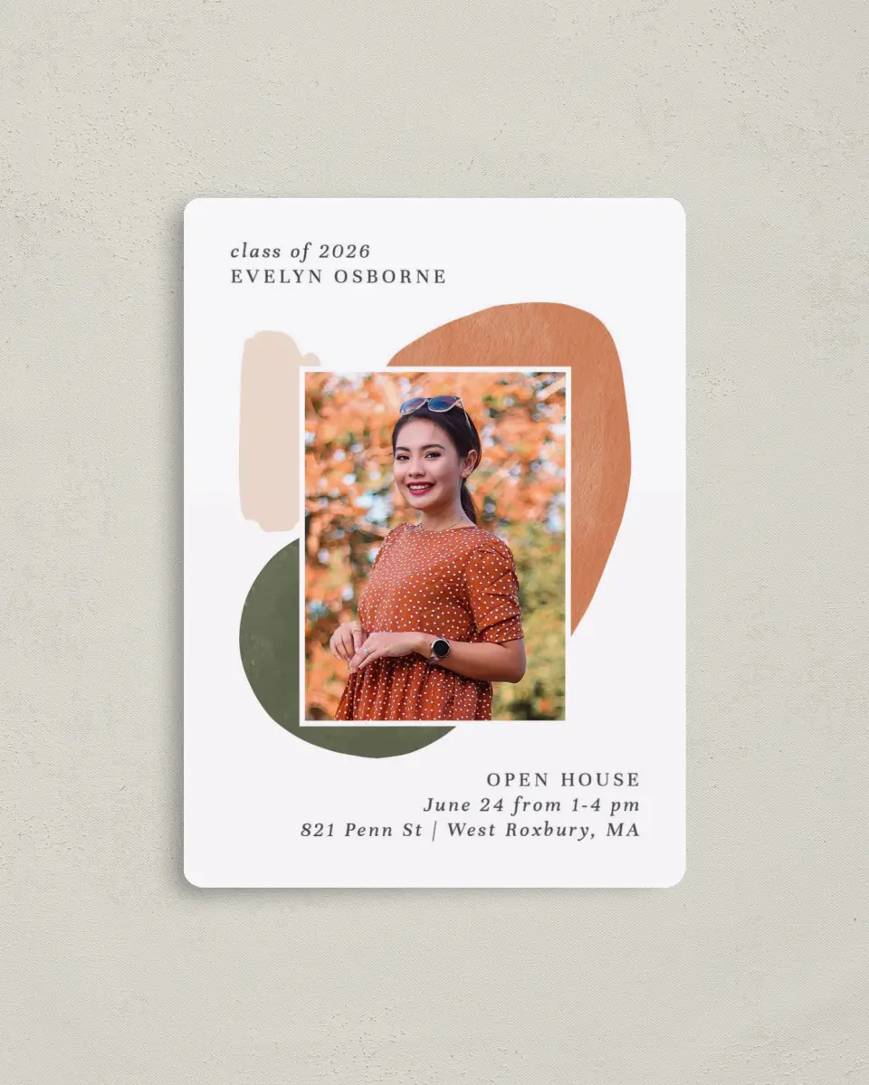This is a 4" x 5½" Graduation Announcement Magnet called Painted Progress printed in full color with a Luxe Satin finish