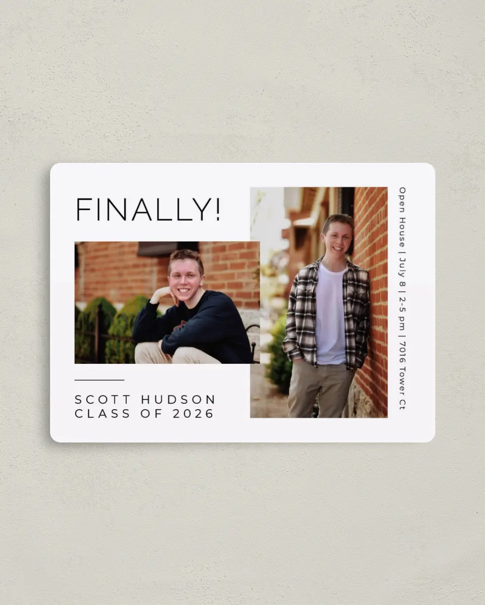 This is a 4" x 5½" Graduation Announcement Magnet called Grand Finale printed in full color with Gold foil and a Luxe Satin finish
