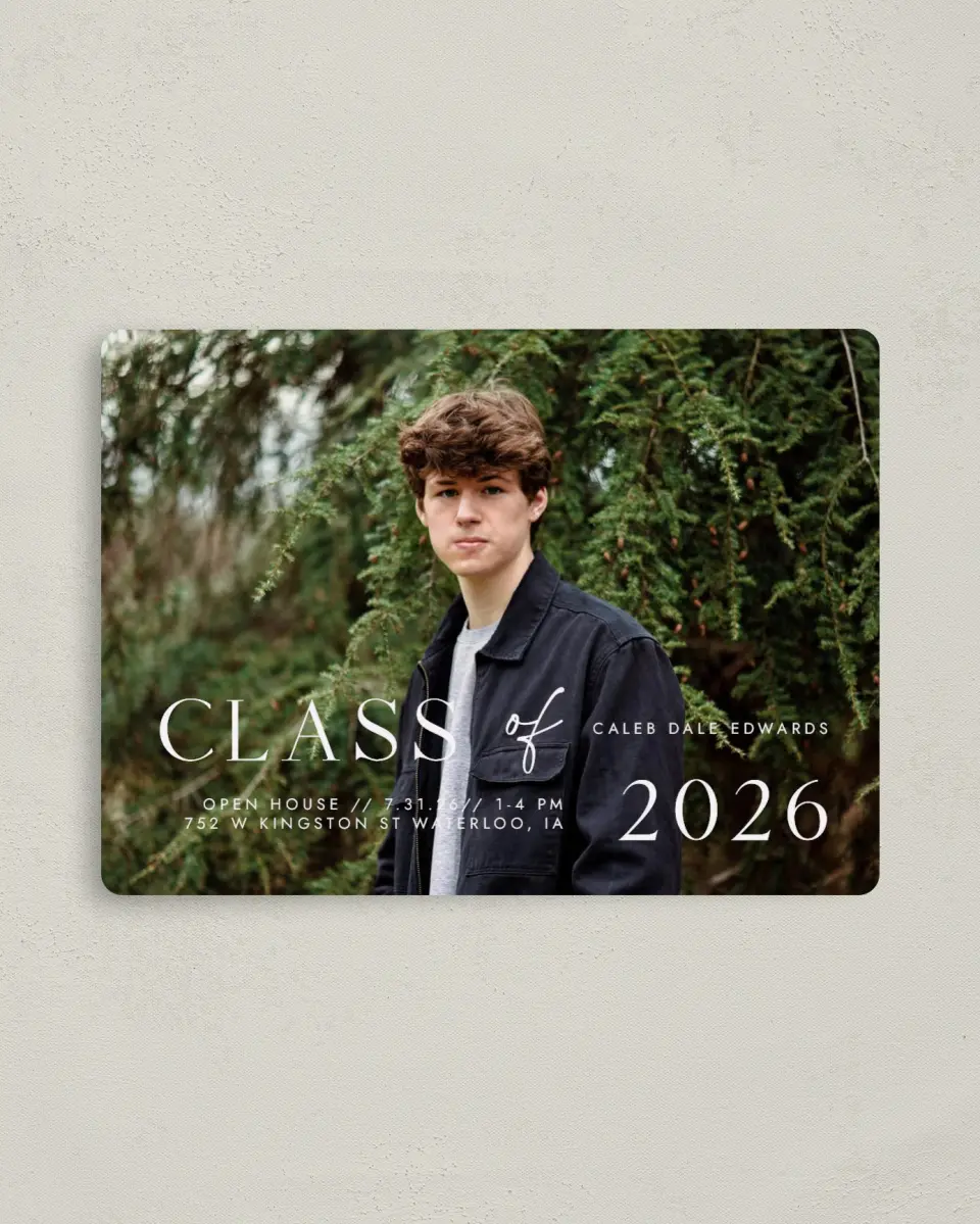 This is a 4" x 5½" Graduation Announcement Magnet called New Start printed in full color with a Luxe Satin finish