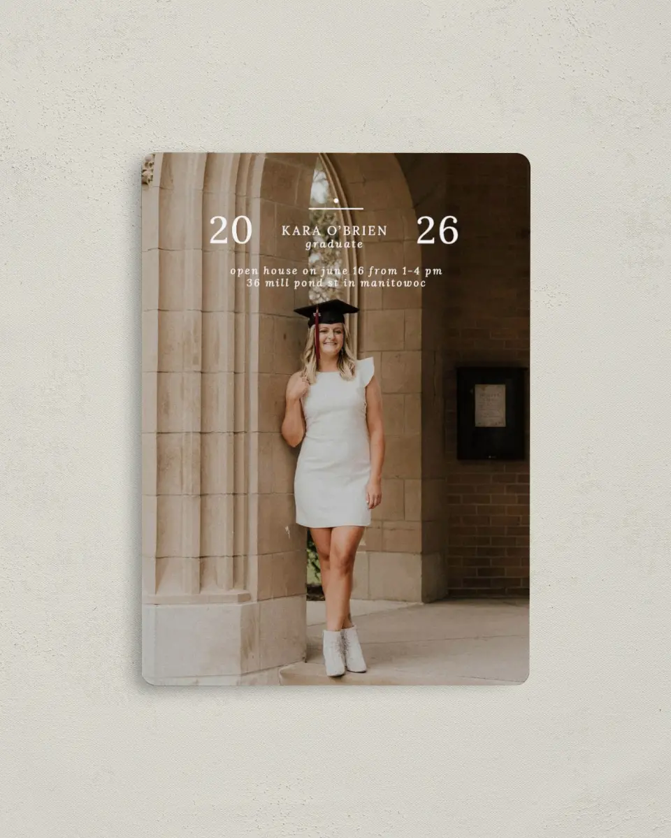This is a 4" x 5½" Graduation Announcement Magnet called Daring Dreams printed in full color with a Luxe Satin finish