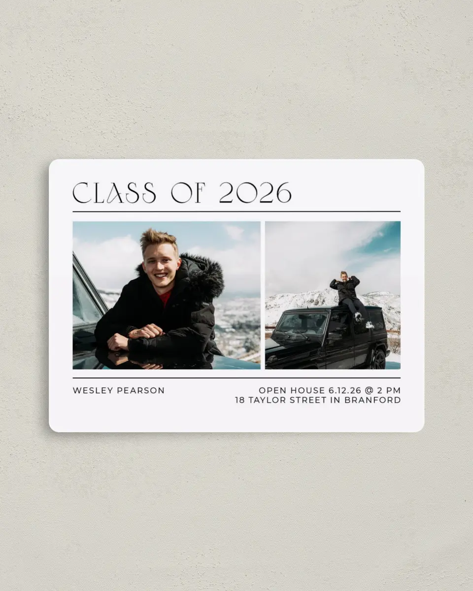 This is a 4" x 5½" Graduation Announcement Magnet called Big Finish printed in full color with a Luxe Satin finish