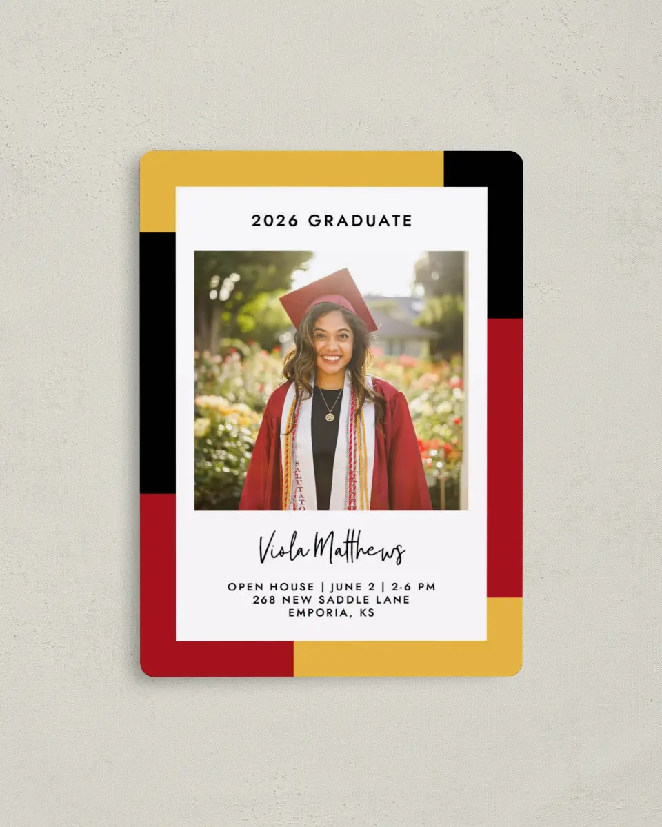 This is a 4" x 5½" Graduation Announcement Magnet called Proud Pursuit printed in full color with Rose Gold foil and a Luxe Satin finish