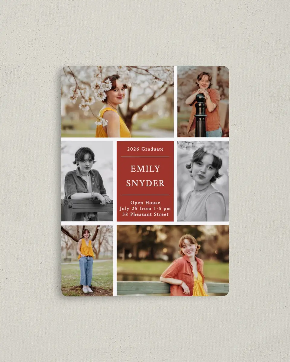 This is a 4" x 5½" Graduation Announcement Magnet called Academic Arrangement printed in full color with a Luxe Satin finish