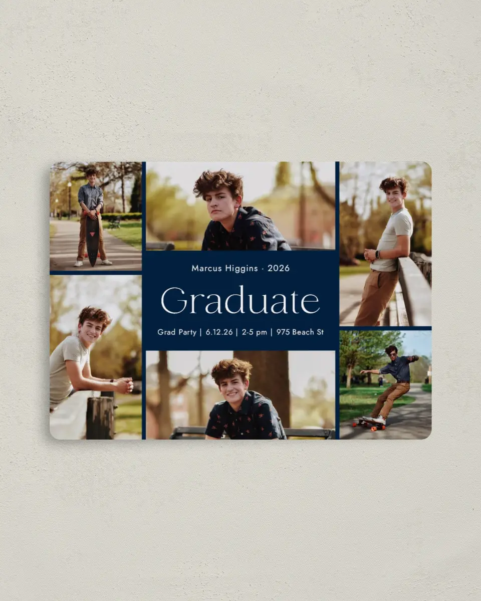This is a 4" x 5½" Graduation Announcement Magnet called Commencement Collage printed in full color with a Luxe Satin finish