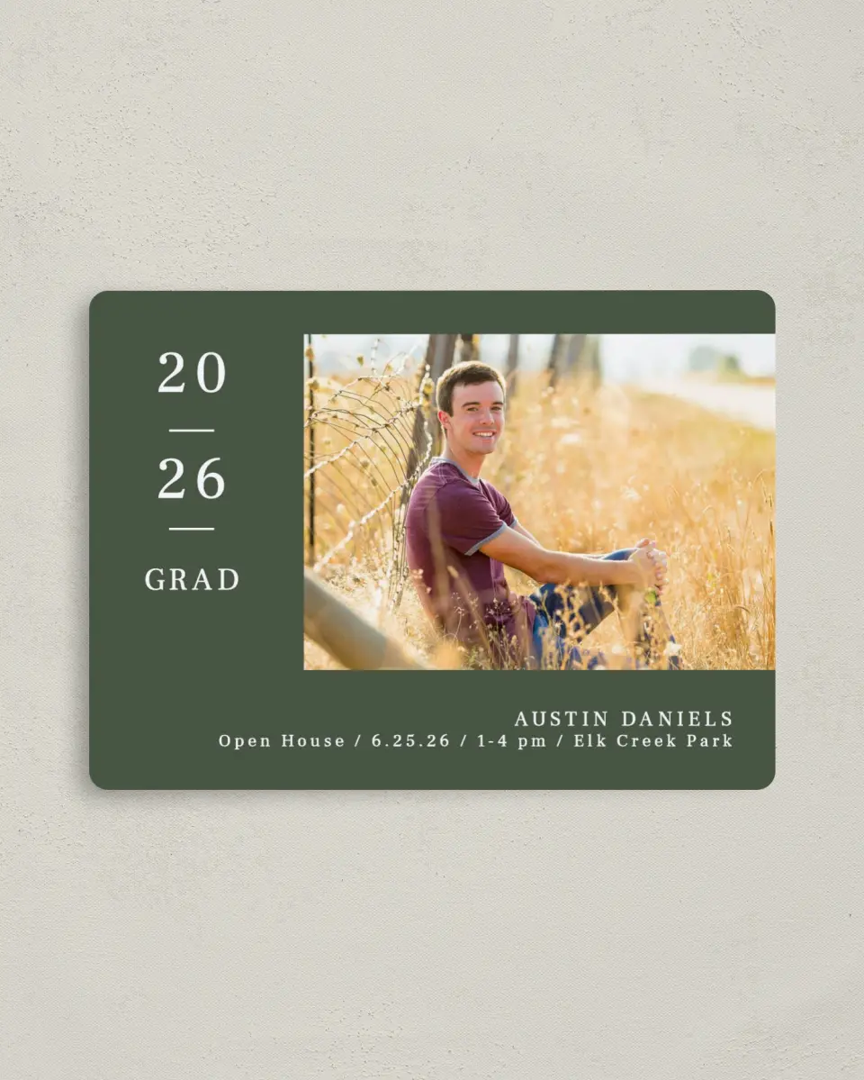 This is a 4" x 5½" Graduation Announcement Magnet called Timeless Graduate printed in full color with a Luxe Satin finish