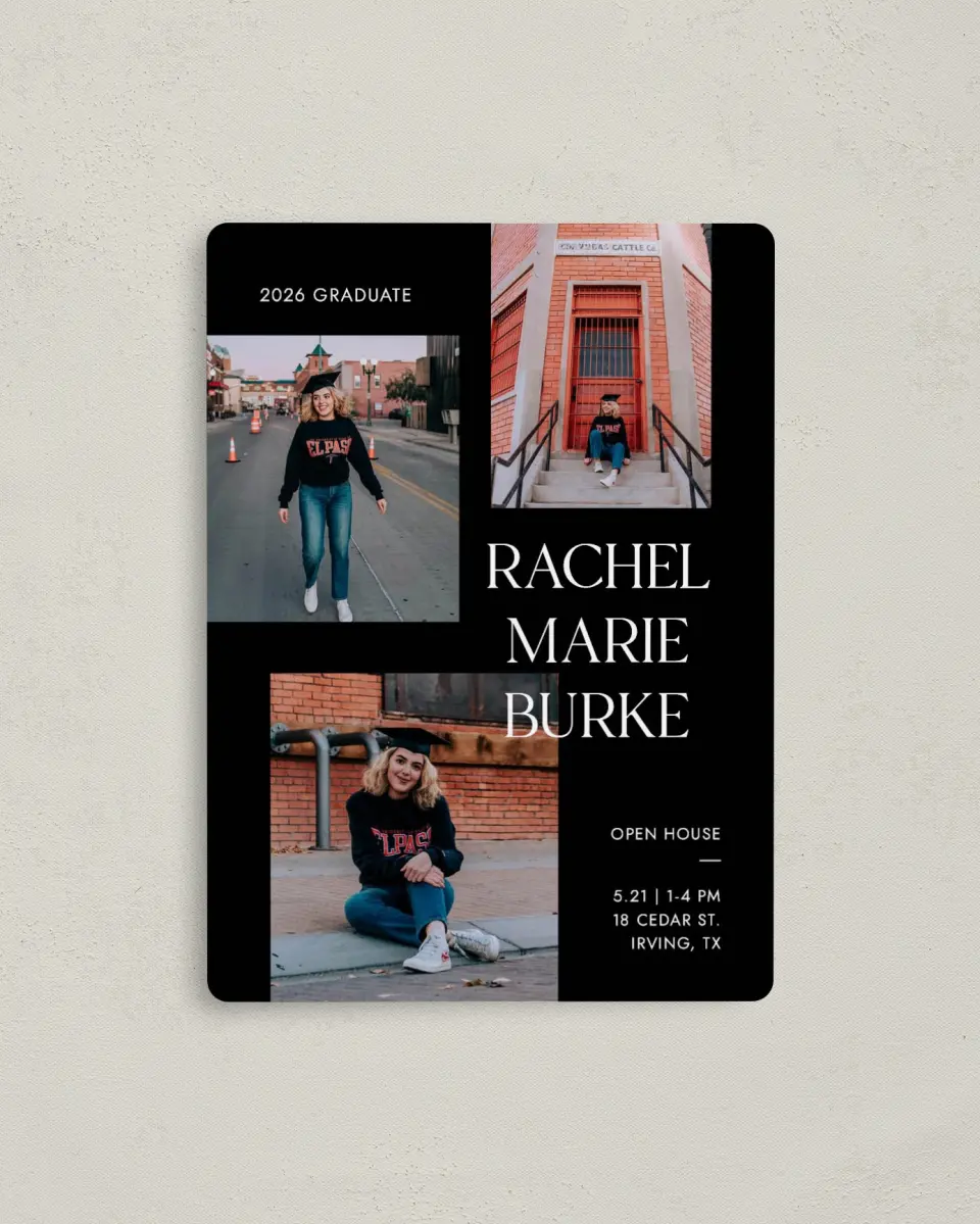 This is a 4" x 5½" Graduation Announcement Magnet called Talented Trio printed in full color with a Luxe Satin finish