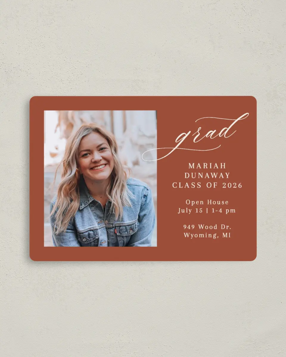 This is a 4" x 5½" Graduation Announcement Magnet called Scripted Scholar printed in full color with a Luxe Satin finish