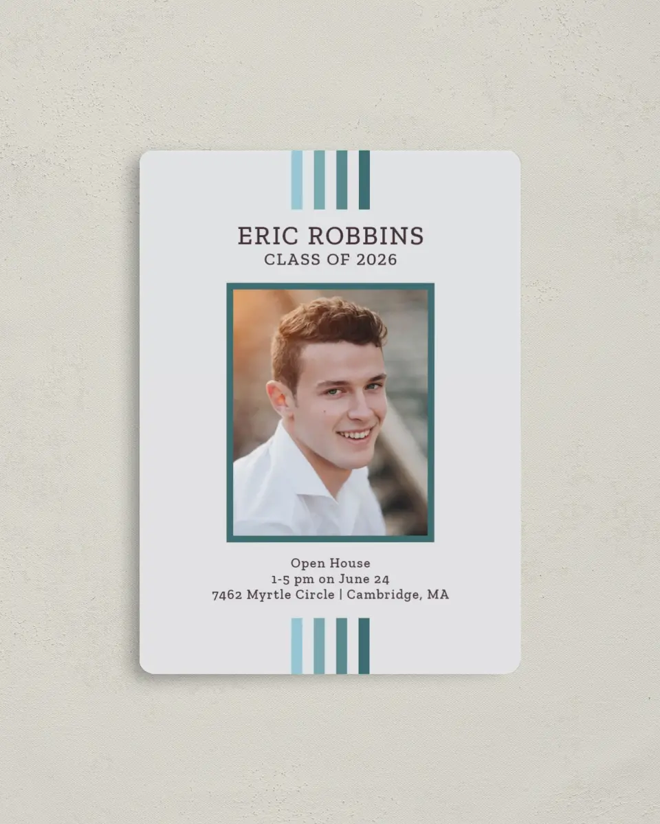 This is a 4" x 5½" Graduation Announcement Magnet called Successful Stripes printed in full color with a Luxe Satin finish