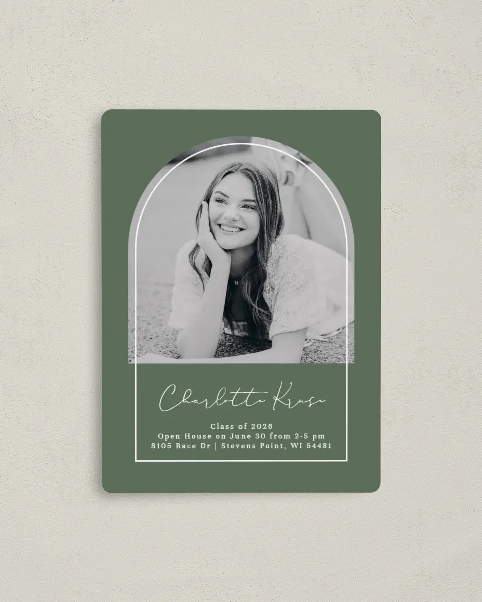 This is a 4" x 5½" Graduation Announcement Magnet called Arched Frame printed in full color with a Luxe Satin finish