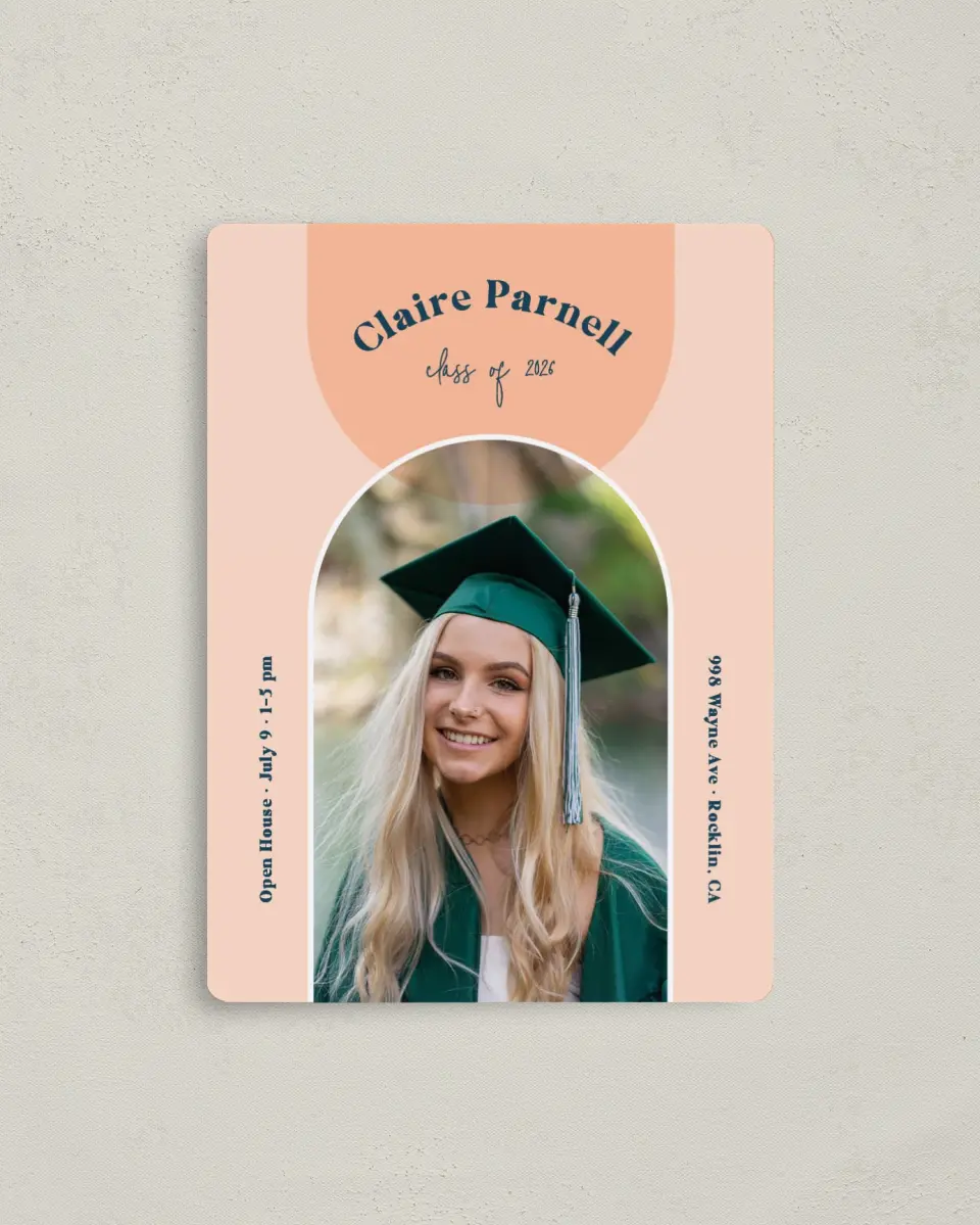 This is a 4" x 5½" Graduation Announcement Magnet called New Start printed in full color with a Luxe Satin finish