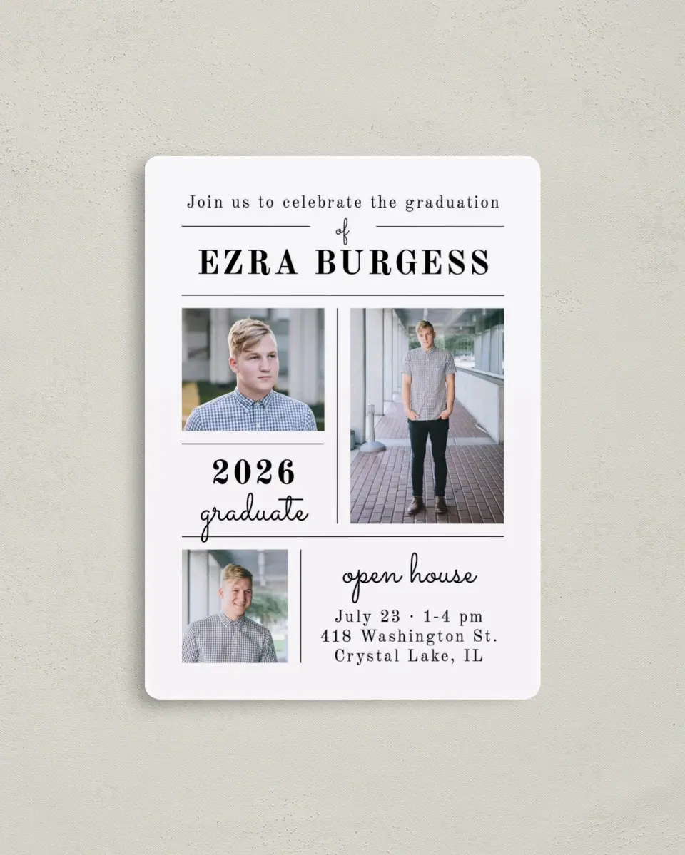 This is a 4" x 5½" Graduation Announcement Magnet called Grand Grid printed in full color with a Luxe Satin finish