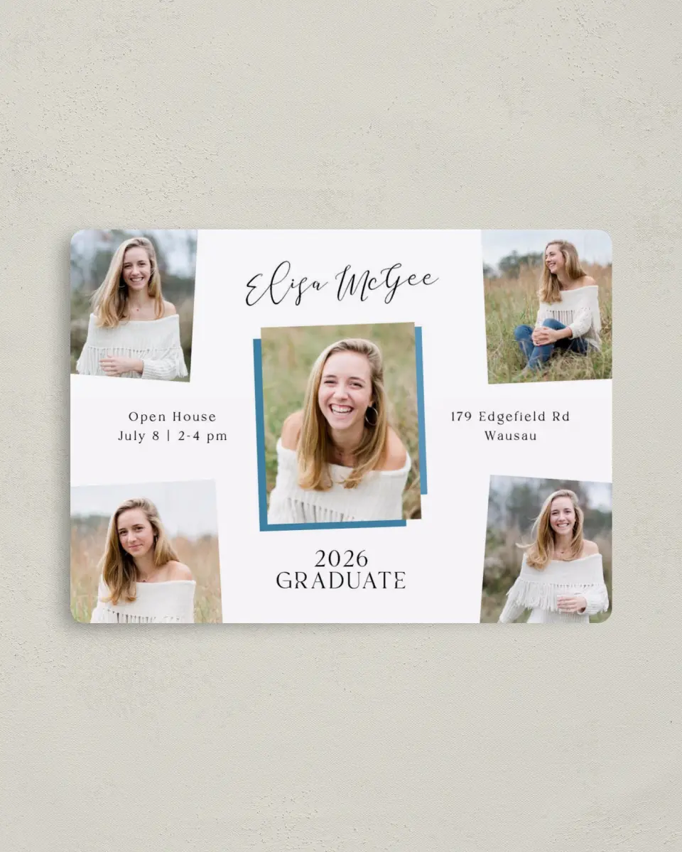 This is a 4" x 5½" Graduation Announcement Magnet called Fearless Five printed in full color with a Luxe Satin finish