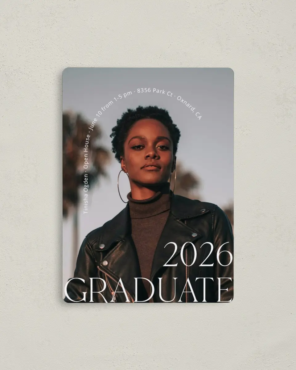 This is a 4" x 5½" Graduation Announcement Magnet called Cool Confidence printed in full color with a Luxe Satin finish