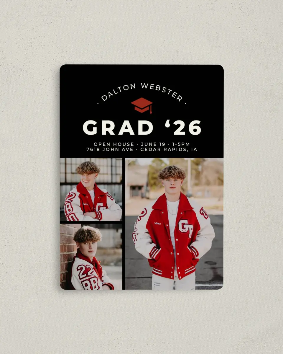 This is a 4" x 5½" Graduation Announcement Magnet called Cool & Classic printed in full color with a Luxe Satin finish