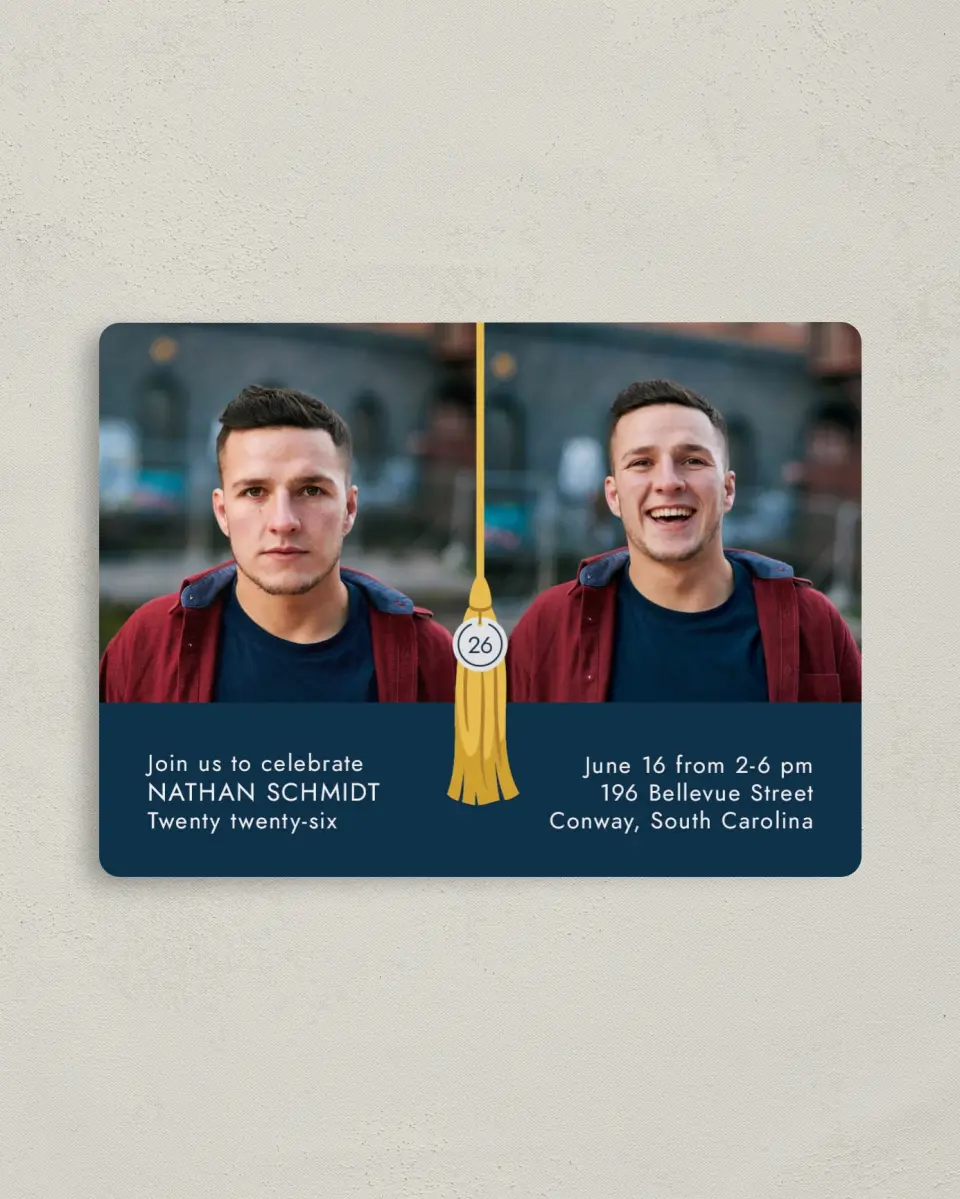 This is a 4" x 5½" Graduation Announcement Magnet called Grad Tassel printed in full color with a Luxe Satin finish