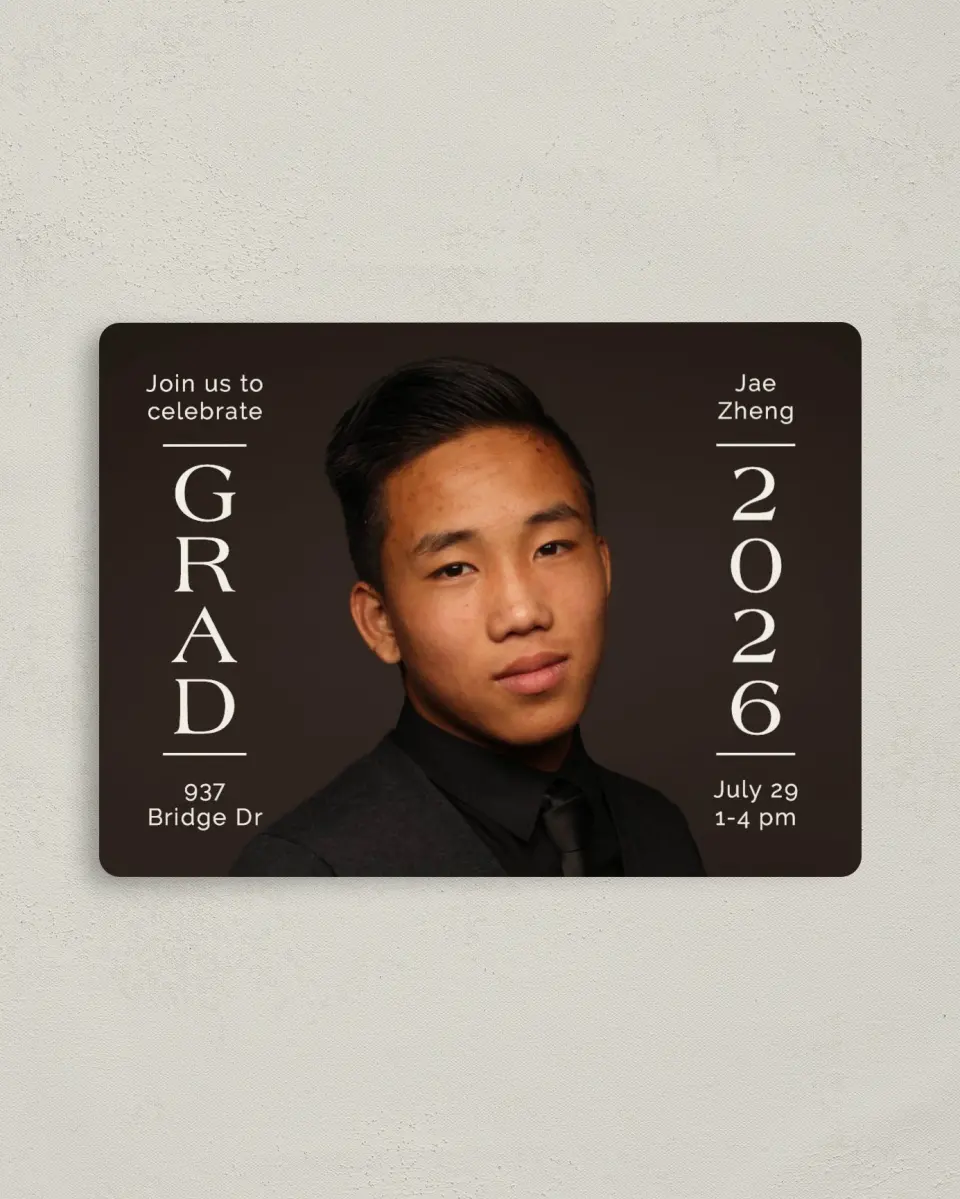 This is a 4" x 5½" Graduation Announcement Magnet called Grand Milestone printed in full color with a Luxe Satin finish