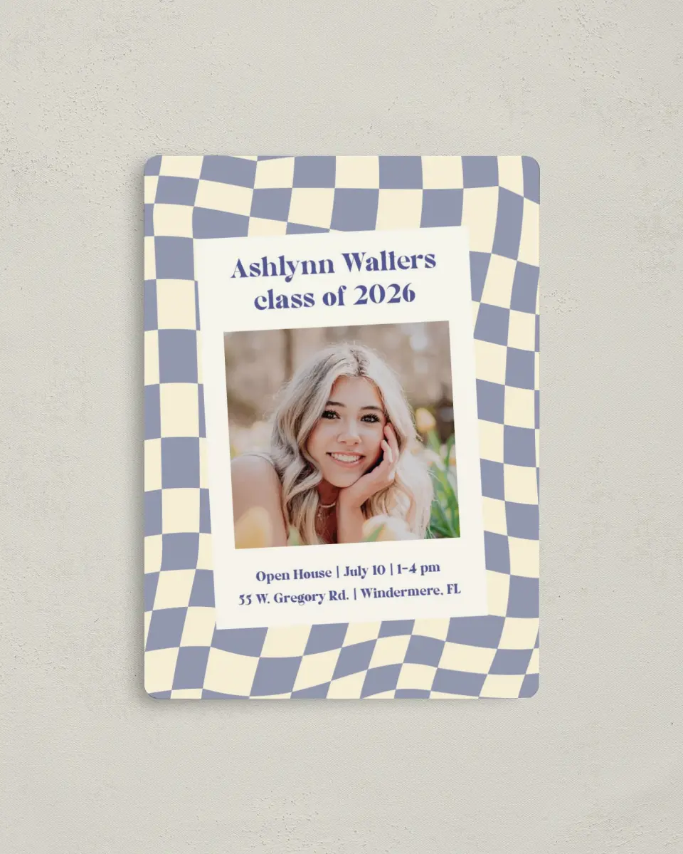 This is a 4" x 5½" Graduation Announcement Magnet called Checkered Credit printed in full color with a Luxe Satin finish