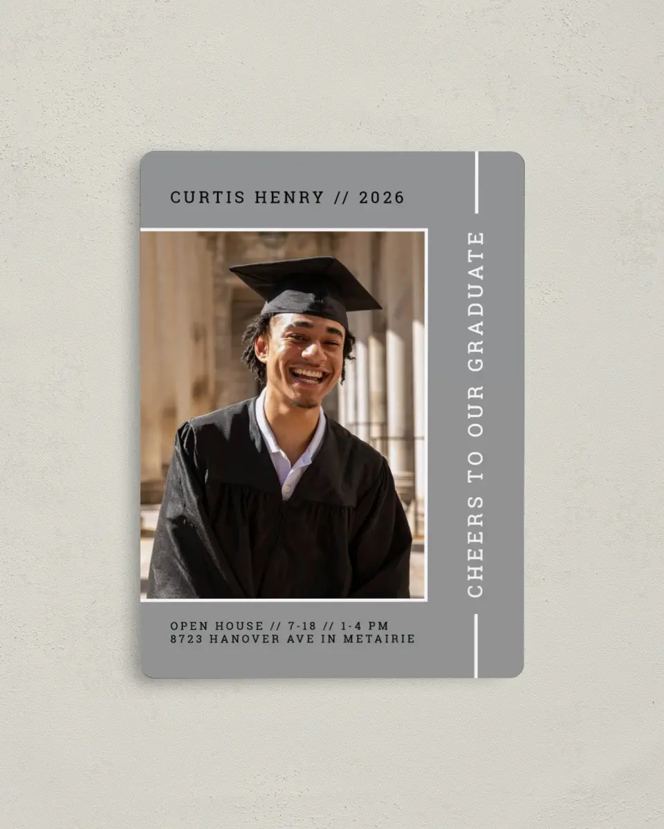This is a 4" x 5½" Graduation Announcement Magnet called Serious Scholar printed in full color with a Luxe Satin finish