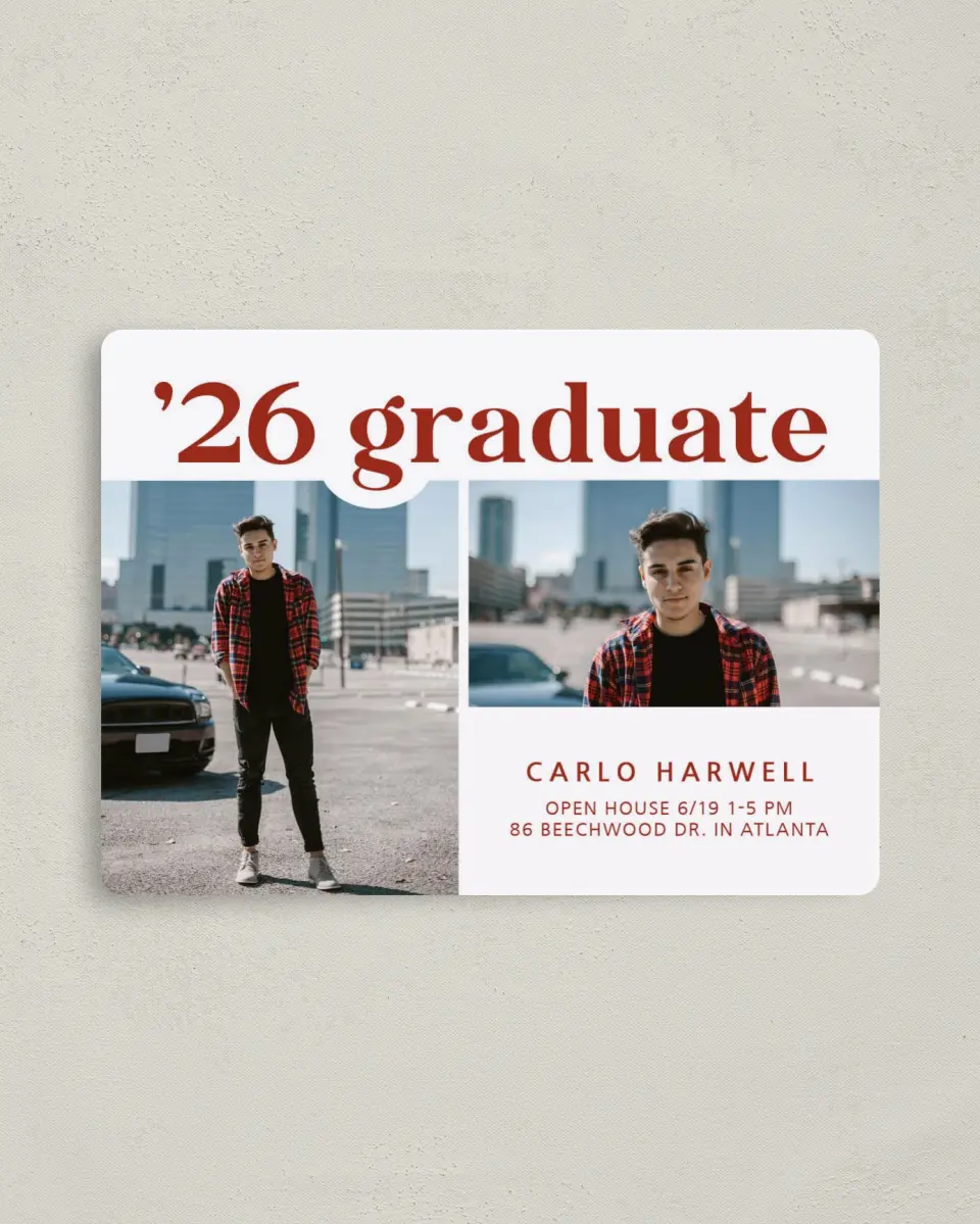 This is a 4" x 5½" Graduation Announcement Magnet called Daring Grad printed in full color with a Luxe Satin finish