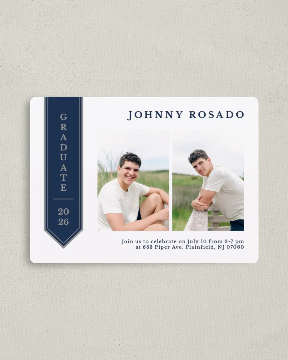This is a 4" x 5½" Graduation Announcement Magnet called Sophisticated Stole printed in full color with a Luxe Satin finish