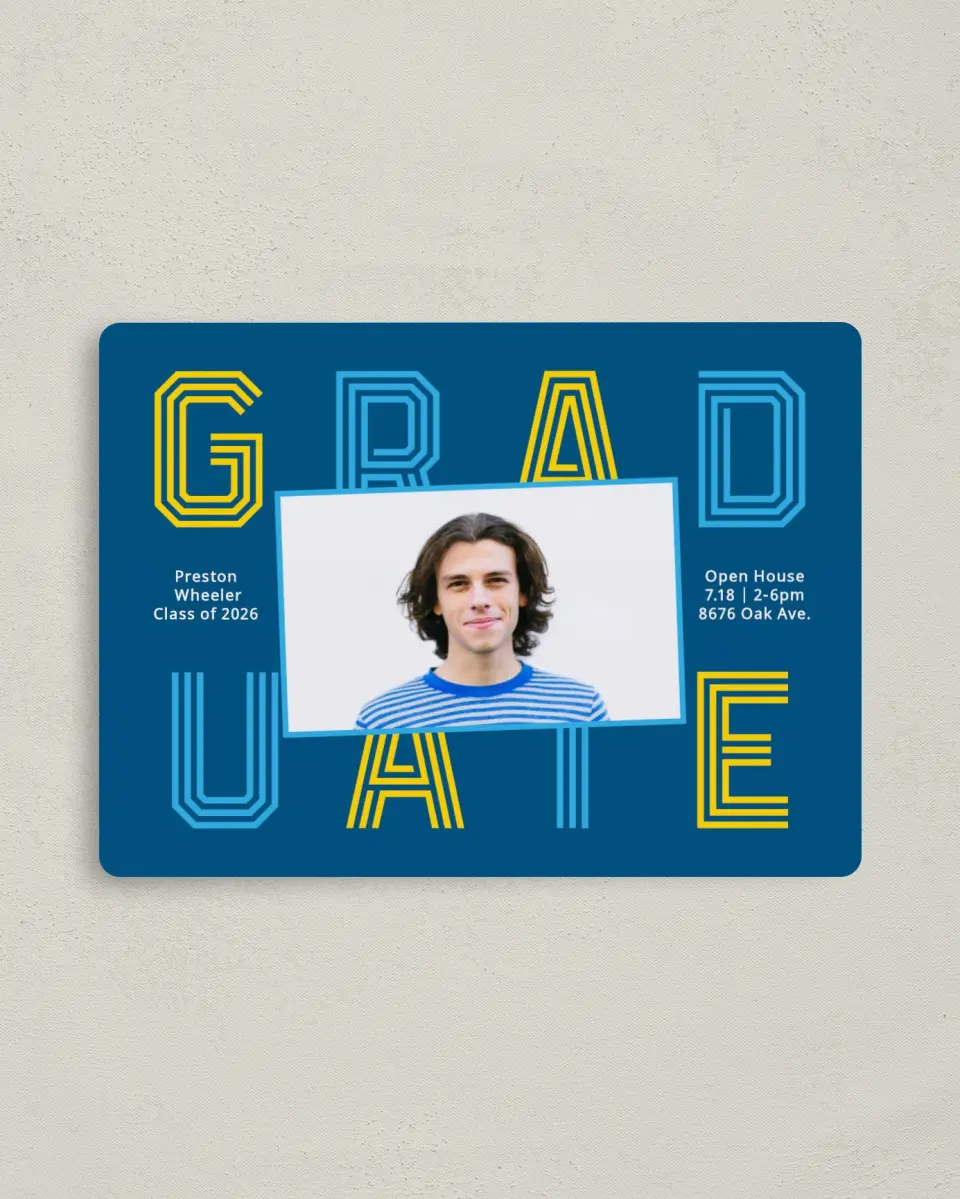 This is a 4" x 5½" Graduation Announcement Magnet called Lively Lines printed in full color with a Luxe Satin finish