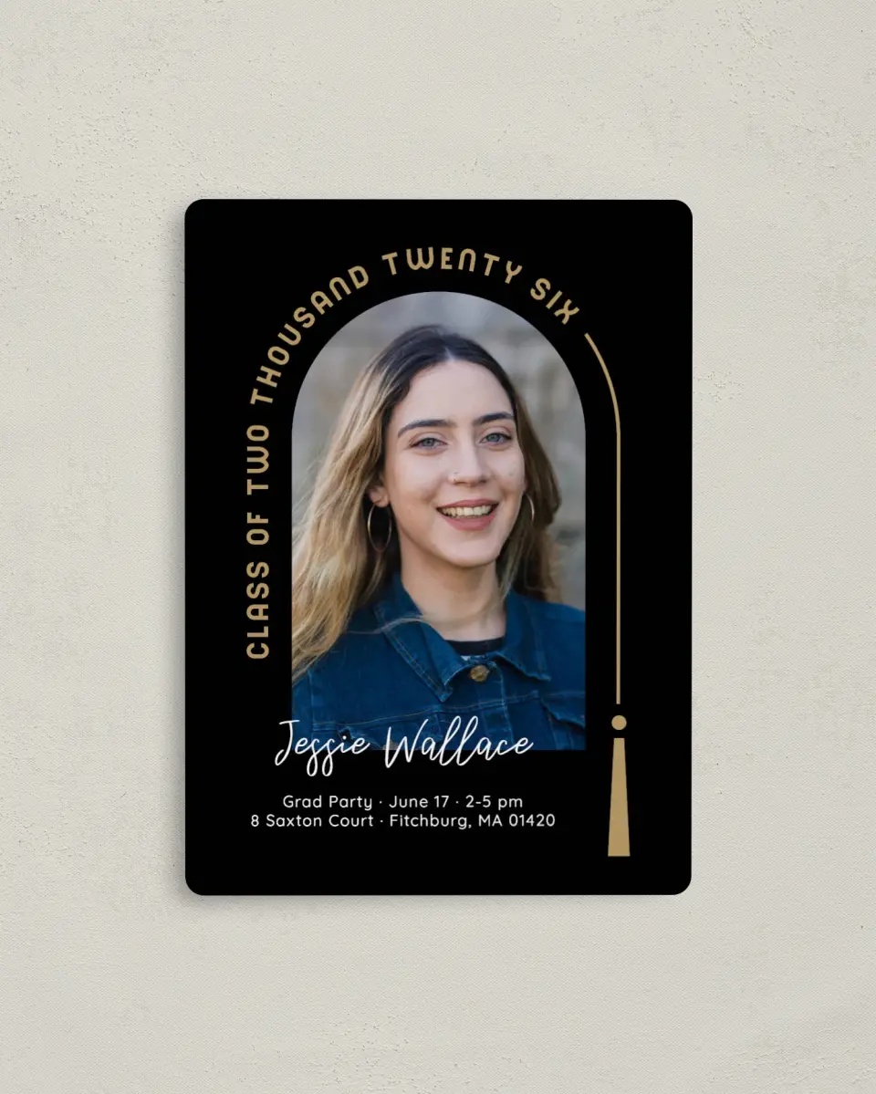 This is a 4" x 5½" Graduation Announcement Magnet called Timeless Tassel printed in full color with Gold foil and a Luxe Satin finish