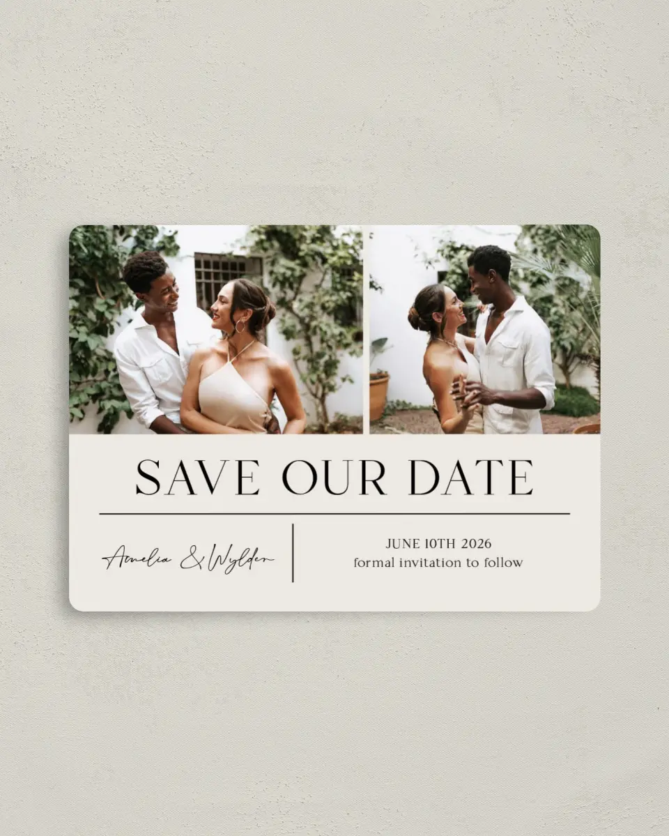 This is a 4" x 5½" Save the Date Magnet called Noble Names printed in full color with a Luxe Satin finish
