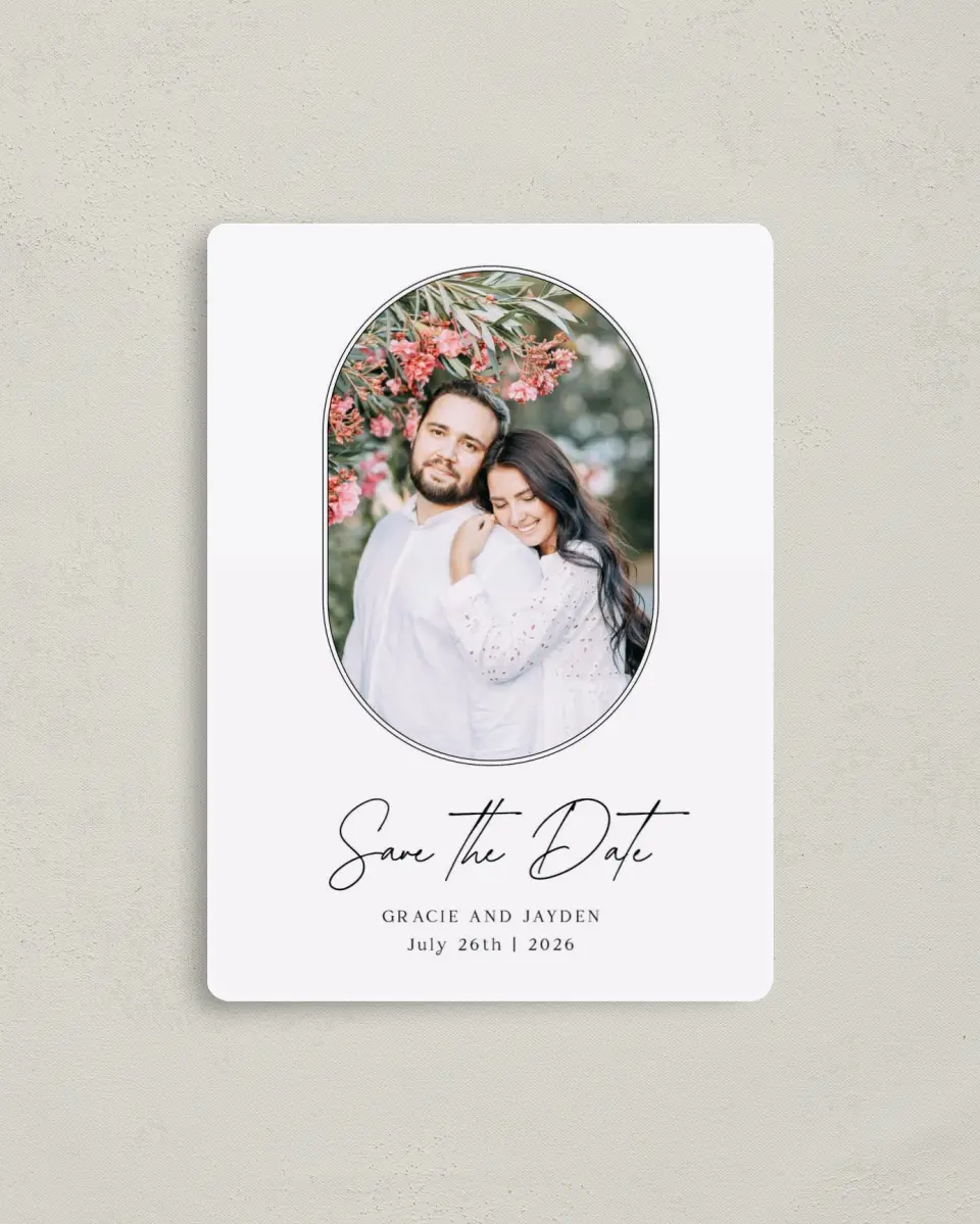 This is a 4" x 5½" Save the Date Magnet called Dramatic Date printed in full color with a Luxe Satin finish