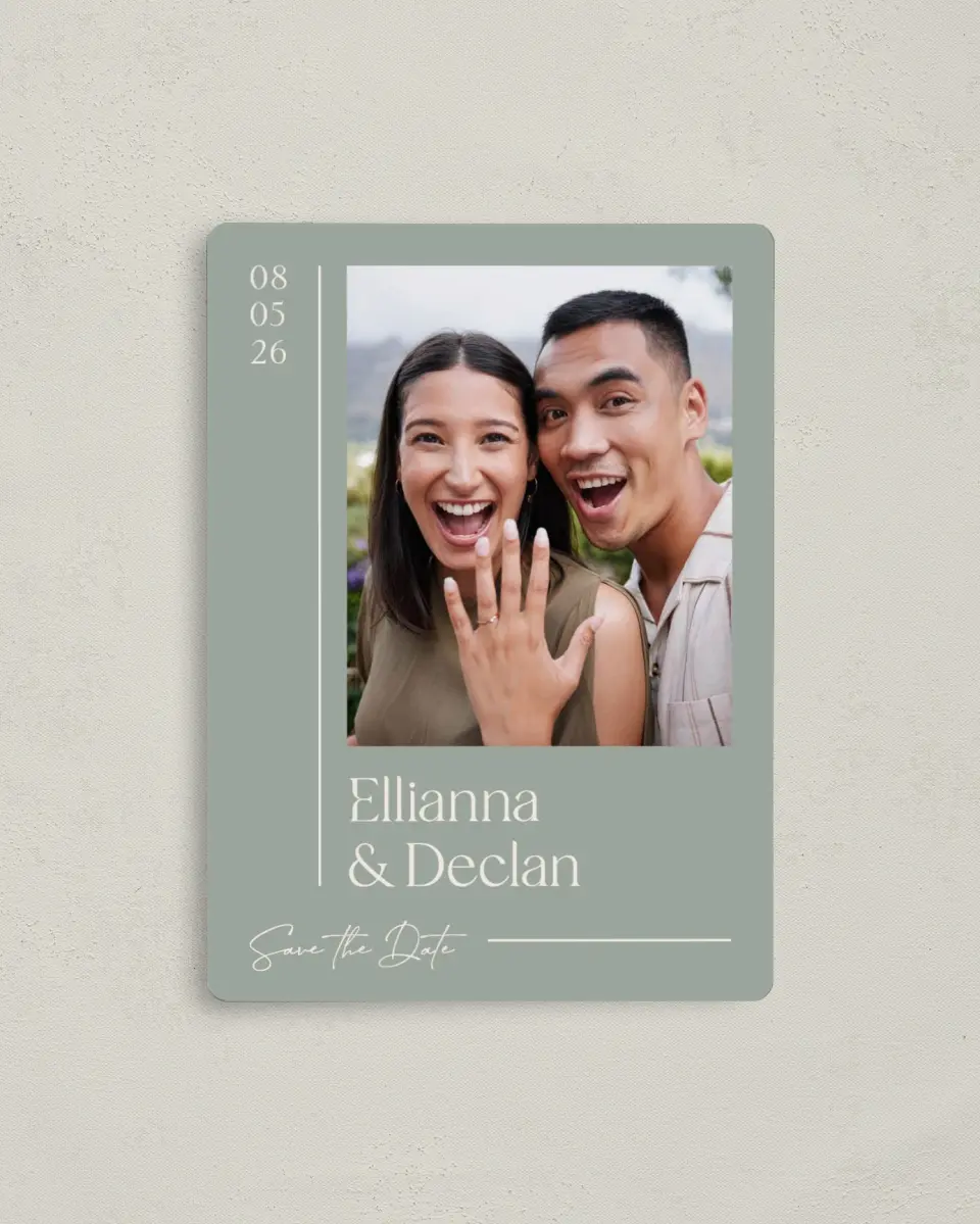 This is a 4" x 5½" Save the Date Magnet called Elegant Lines printed in full color with a Luxe Satin finish