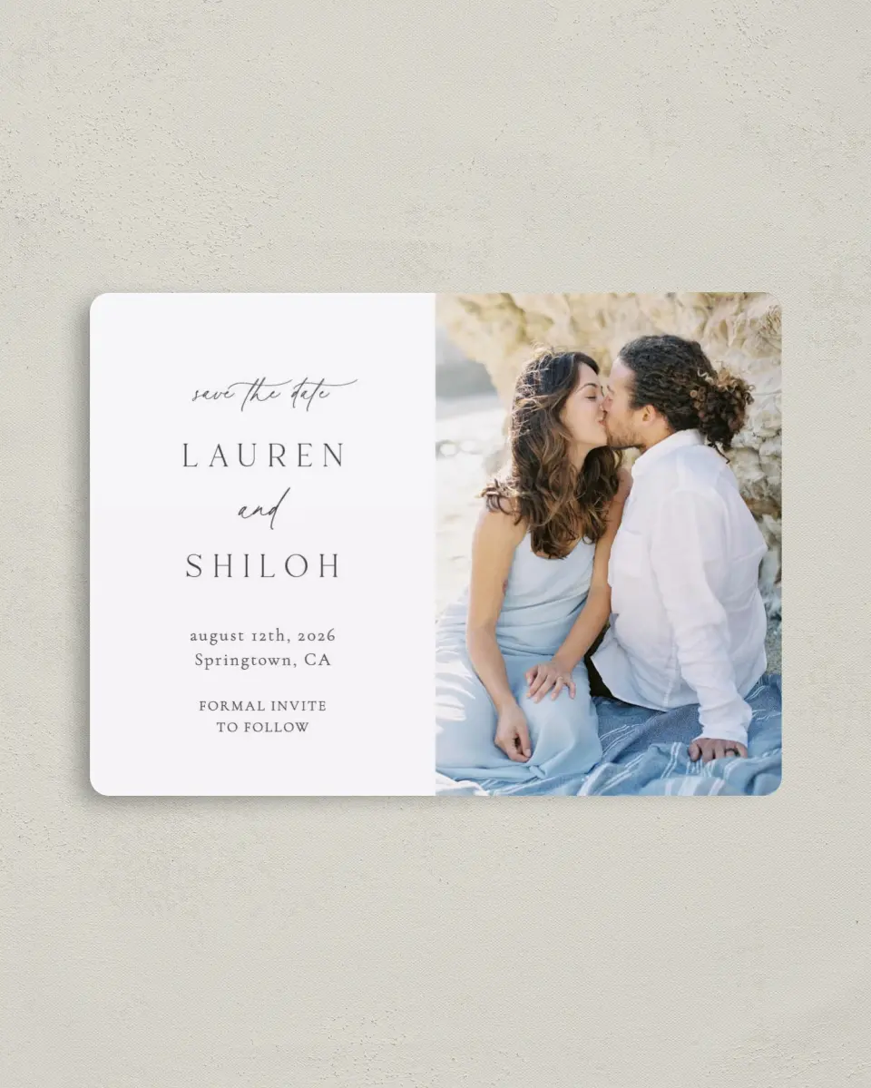 This is a 4" x 5½" Save the Date Magnet called Cute + Charming printed in full color with a Luxe Satin finish