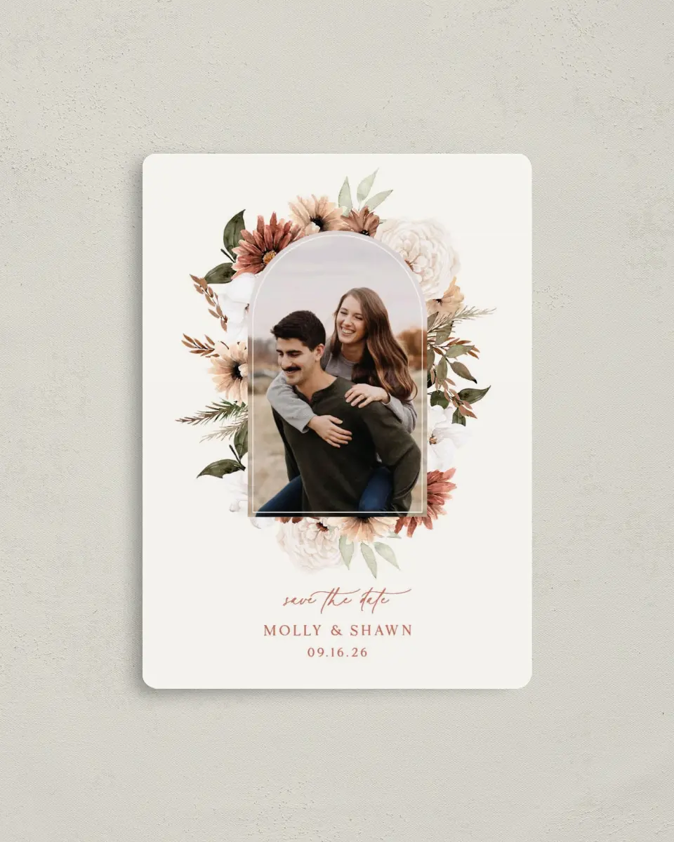 This is a 4" x 5½" Save the Date Magnet called Autumn Blooms printed in full color with a Luxe Satin finish