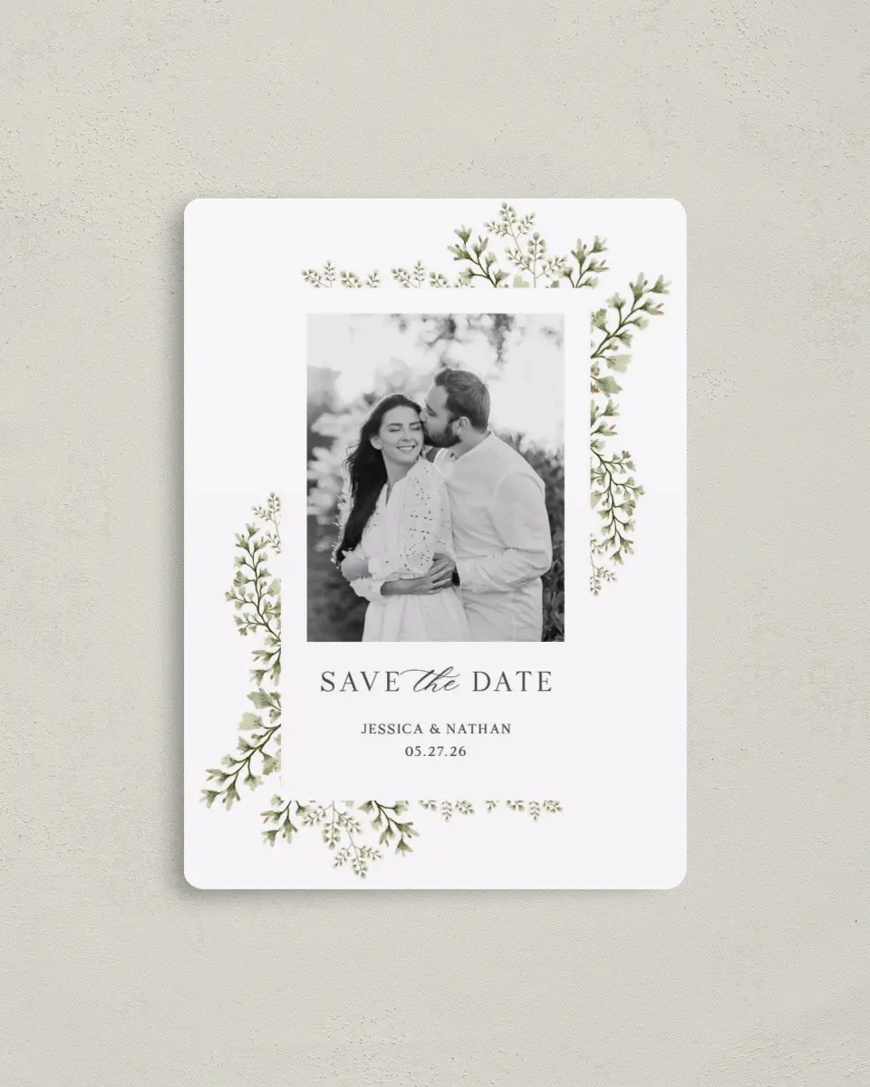 This is a 4" x 5½" Save the Date Magnet called Leaves of Love printed in full color with a Luxe Satin finish