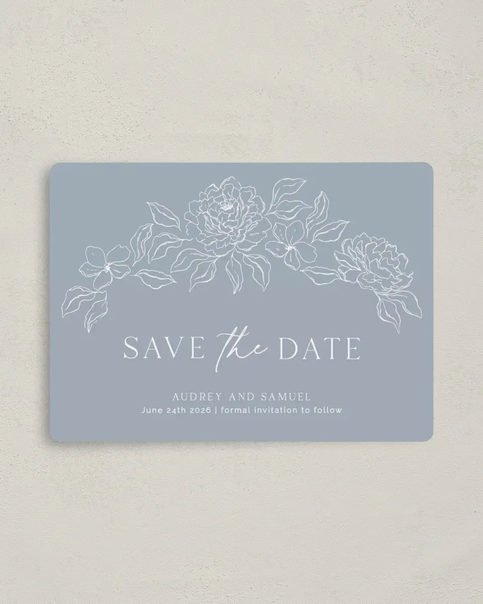 This is a 4" x 5½" Save the Date Magnet called Graceful Petals printed in full color with a Luxe Satin finish
