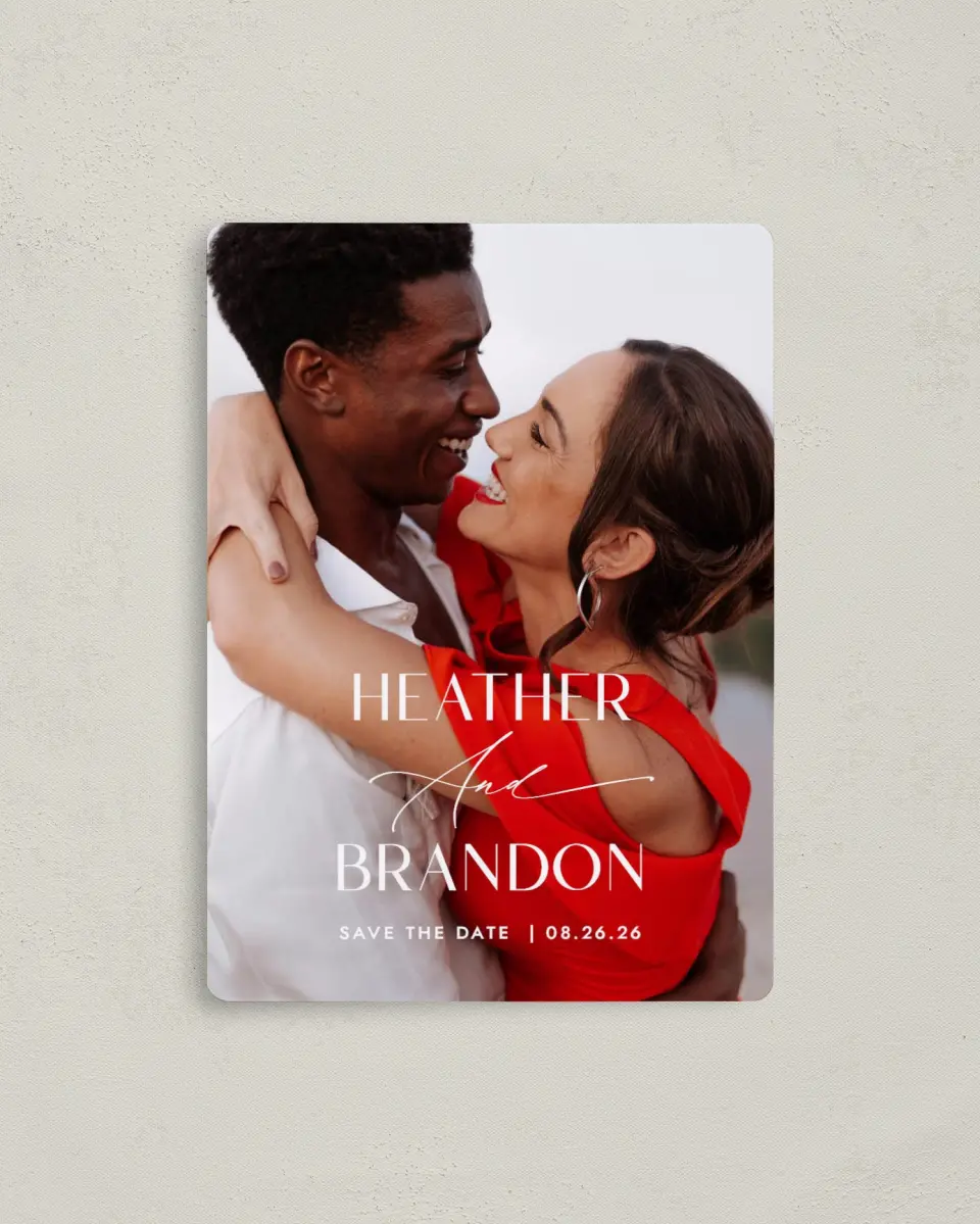 This is a 4" x 5½" Save the Date Magnet called Neat Names printed in full color with a Luxe Satin finish